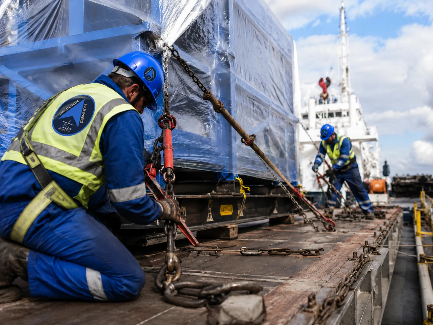 Workers securing project cargo before shipment