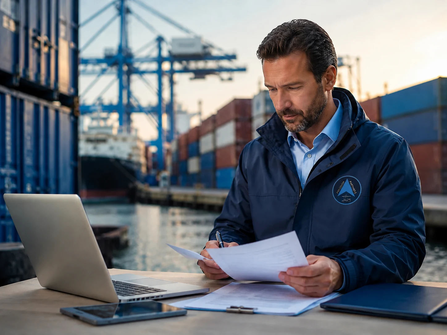 Loss adjuster reviewing documents in a port environment