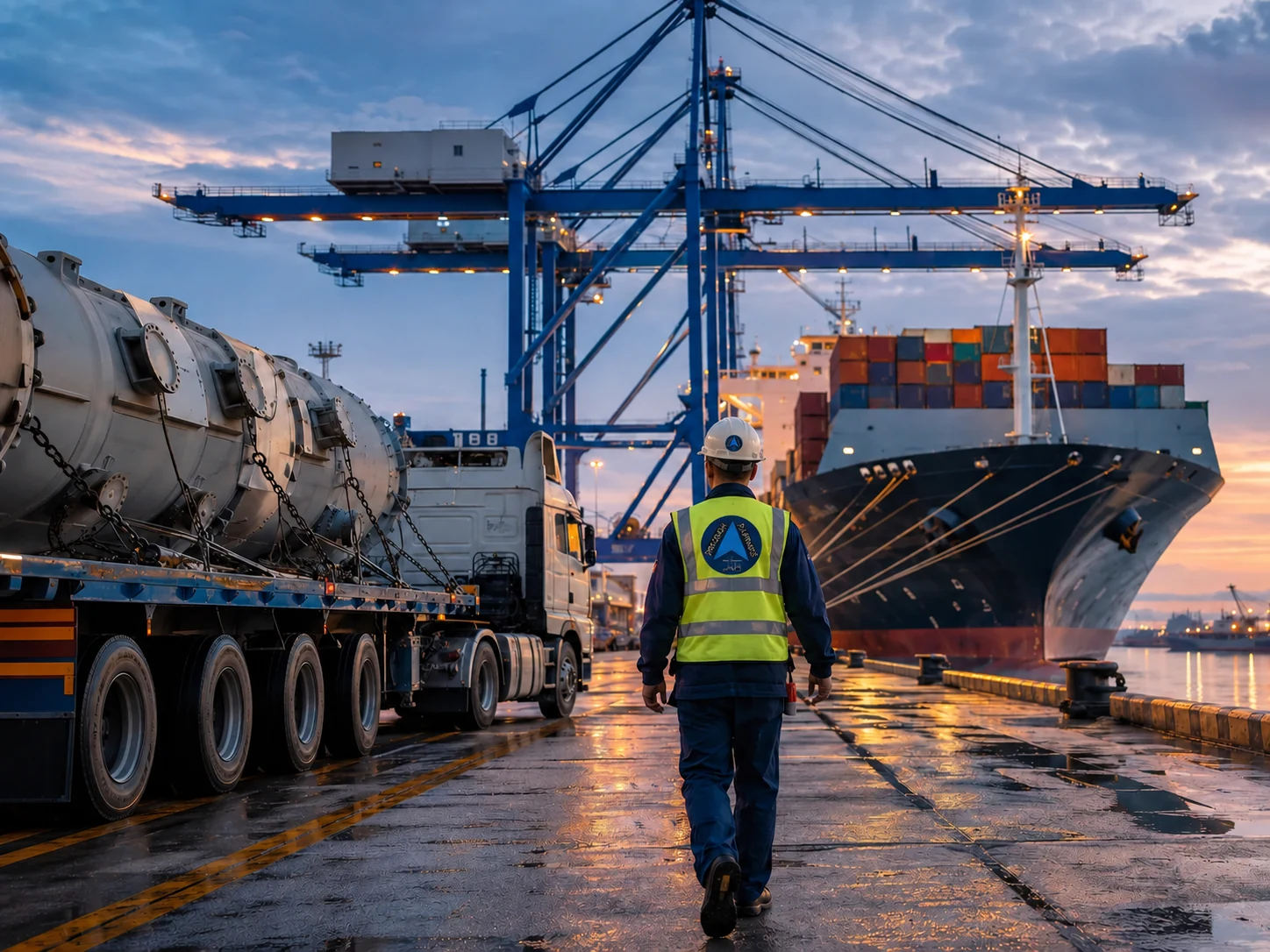 Port terminal scene with heavy cargo, cranes, and vessel at dusk